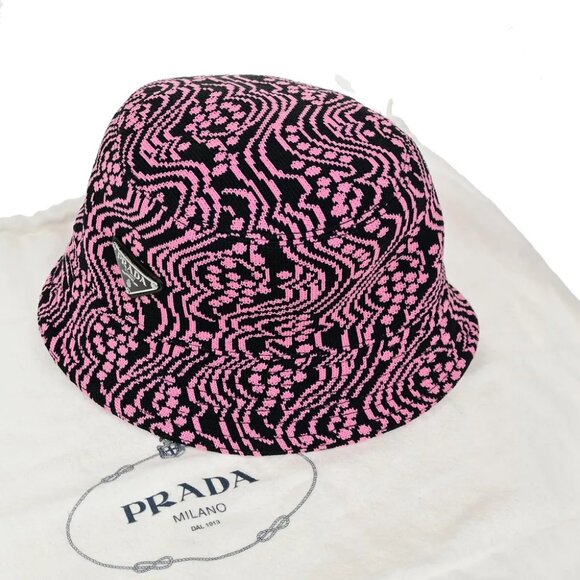 PRADA Logo Bucket Hat #S Jacquard Pink Black Italy - Picture 1 of 14